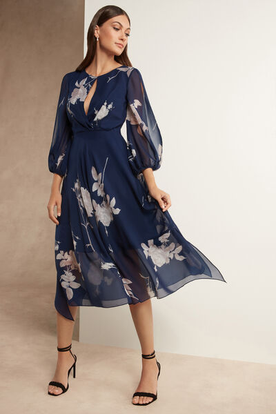 Chiffon Dress with Rose Print and Teardrop - Party