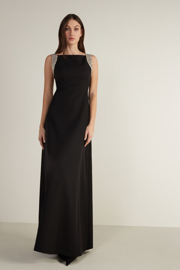 Long Crepe Dress with Square Neckline