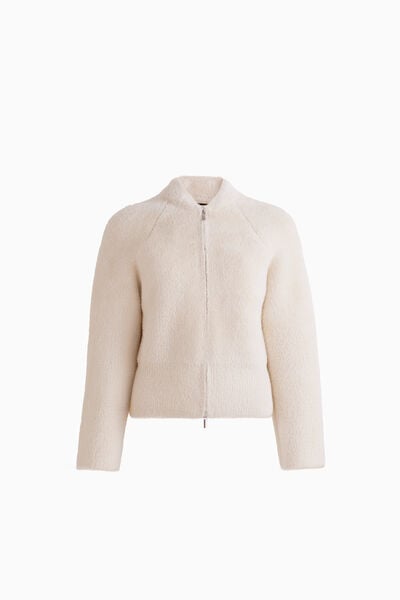 Fluffy Knit Bomber Jacket with Metal Zip