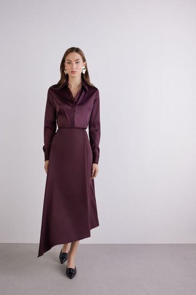 Jupe midi asym&eacute;trique en satin