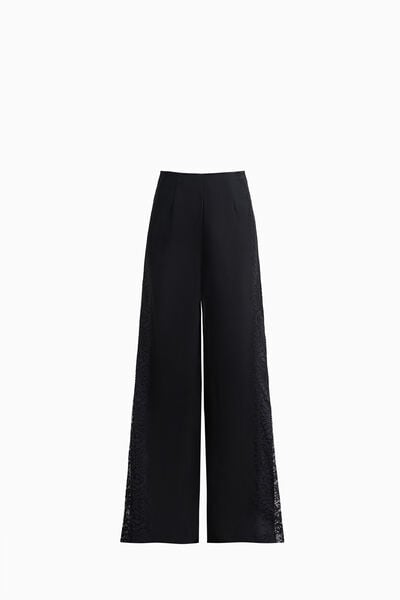 High-Waisted Crepe Wide-Leg Trousers with Lace Inserts