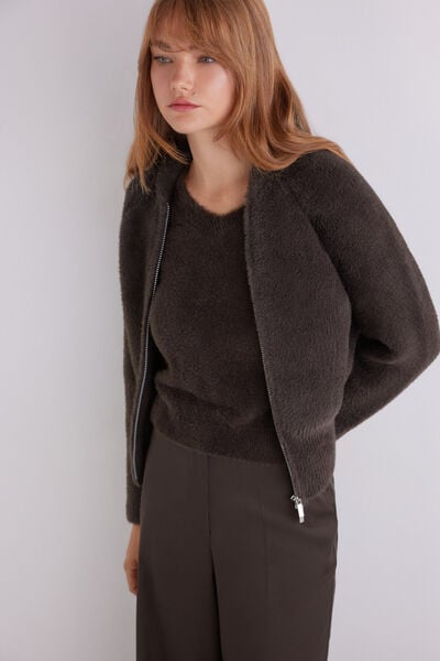 Fluffy Knit Bomber Jacket with Metal Zip