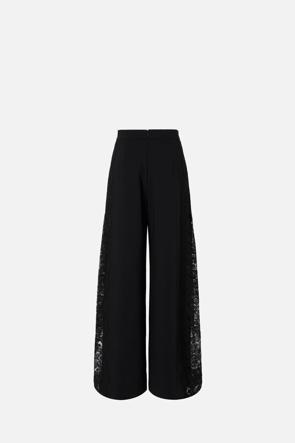 High-Waisted Crepe Wide-Leg Trousers with Lace Inserts