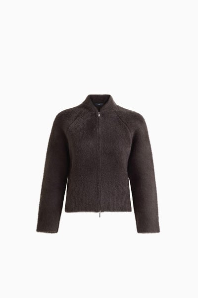 Fluffy Knit Bomber Jacket with Metal Zip