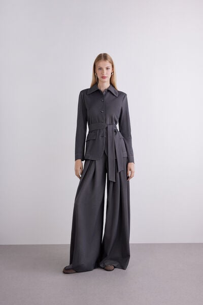 Pantaloni a vita alta in twill punto milano