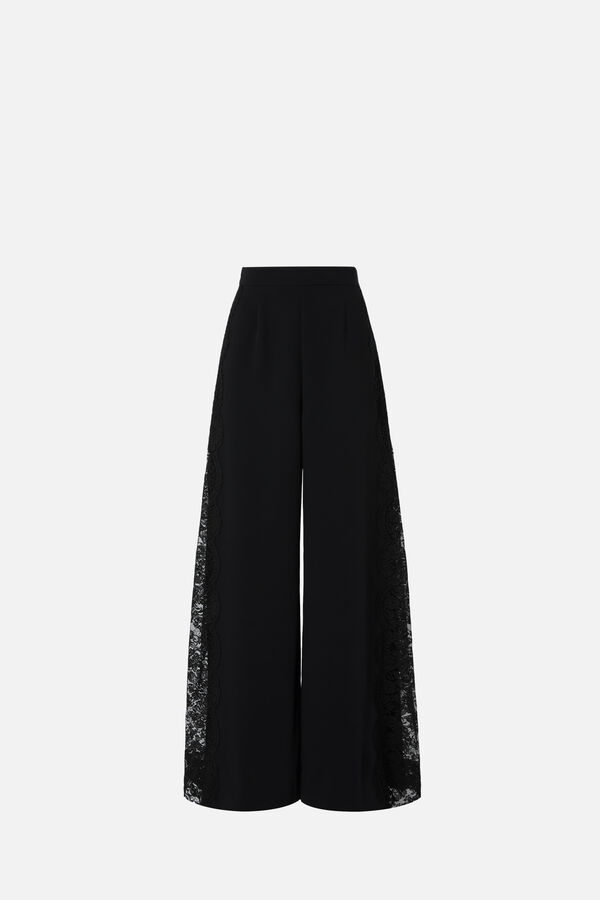 High-Waisted Crepe Wide-Leg Trousers with Lace Inserts